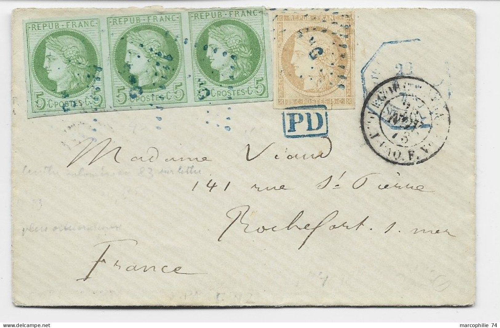 COLONIES CERES 5C BANDEX3+15C  SUPERBE LOSANGE BLEU SNG OCTOG ?? 26 AVRIL 1874 ST LETTRE MME VIAUD LOTI + VERSO RARE - Cérès