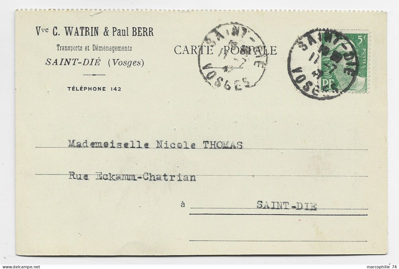 GANDON 5FR VERT N° 719 SEUL CARTE PRIVEE SAINT DIE 11.7.1947 AU TARIF USAGE COURT - 1945-54 Marianne Of Gandon