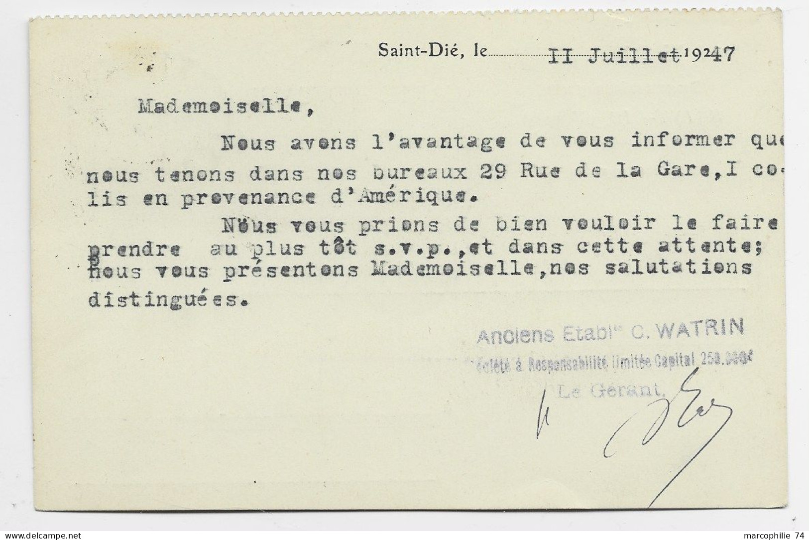 GANDON 5FR VERT N° 719 SEUL CARTE PRIVEE SAINT DIE 11.7.1947 AU TARIF USAGE COURT - 1945-54 Marianne De Gandon