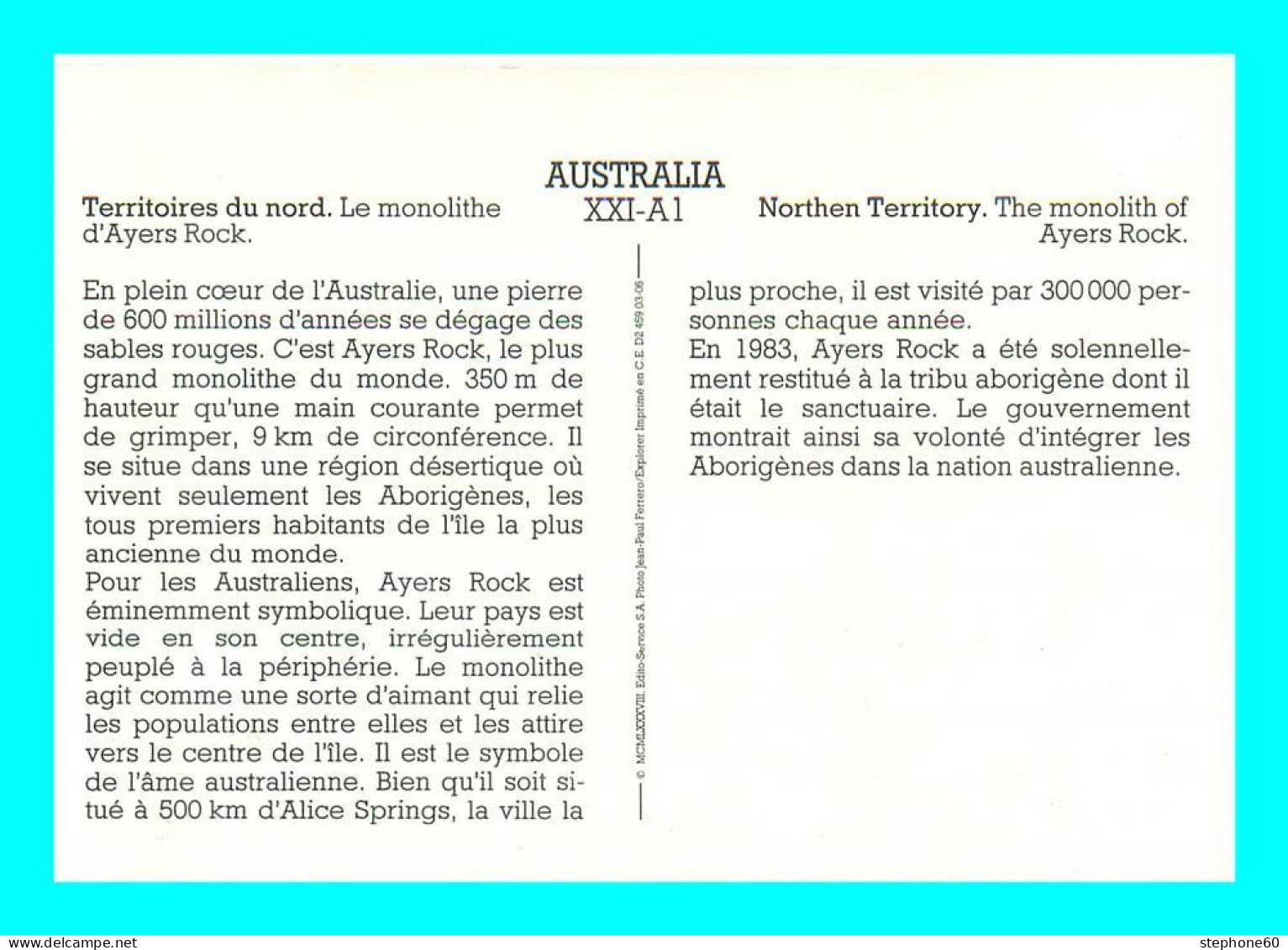 A948 / 599 Australie Monolithe D'Ayers Rock - Altri & Non Classificati