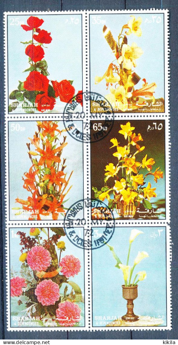 Planche Feuillet De 6 Timbres Oblitérés 1972 Différents SHARJAH Flowers  Fleurs XI-10 - Other & Unclassified