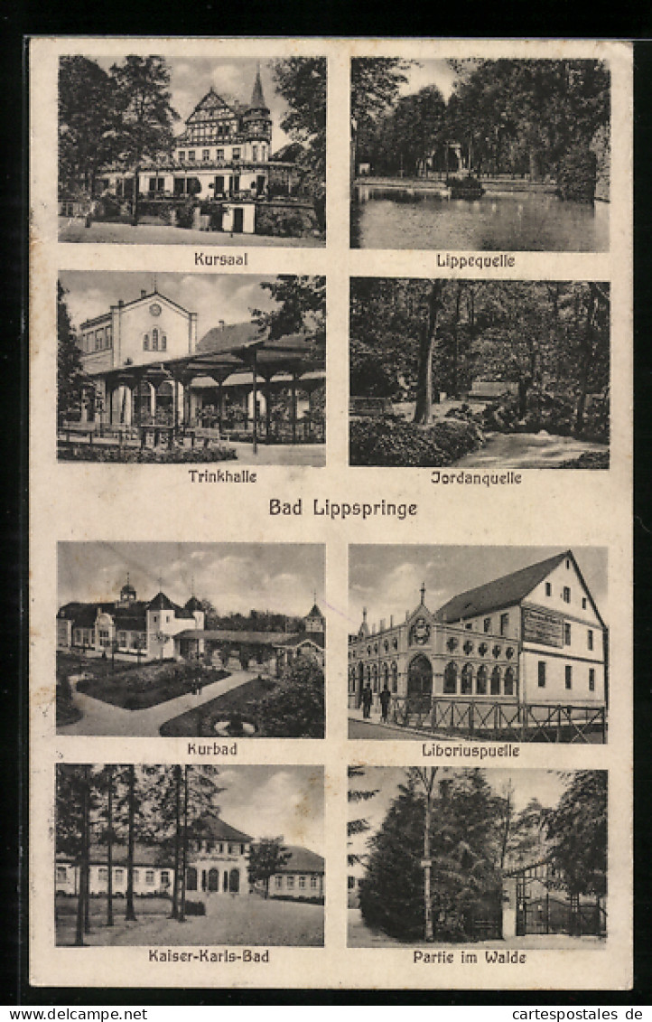 AK Bad Lippspringe, Kursaal, Lippequelle, Trinkhalle, Jordanquelle, Kaiser-Karls-Bad  - Bad Lippspringe
