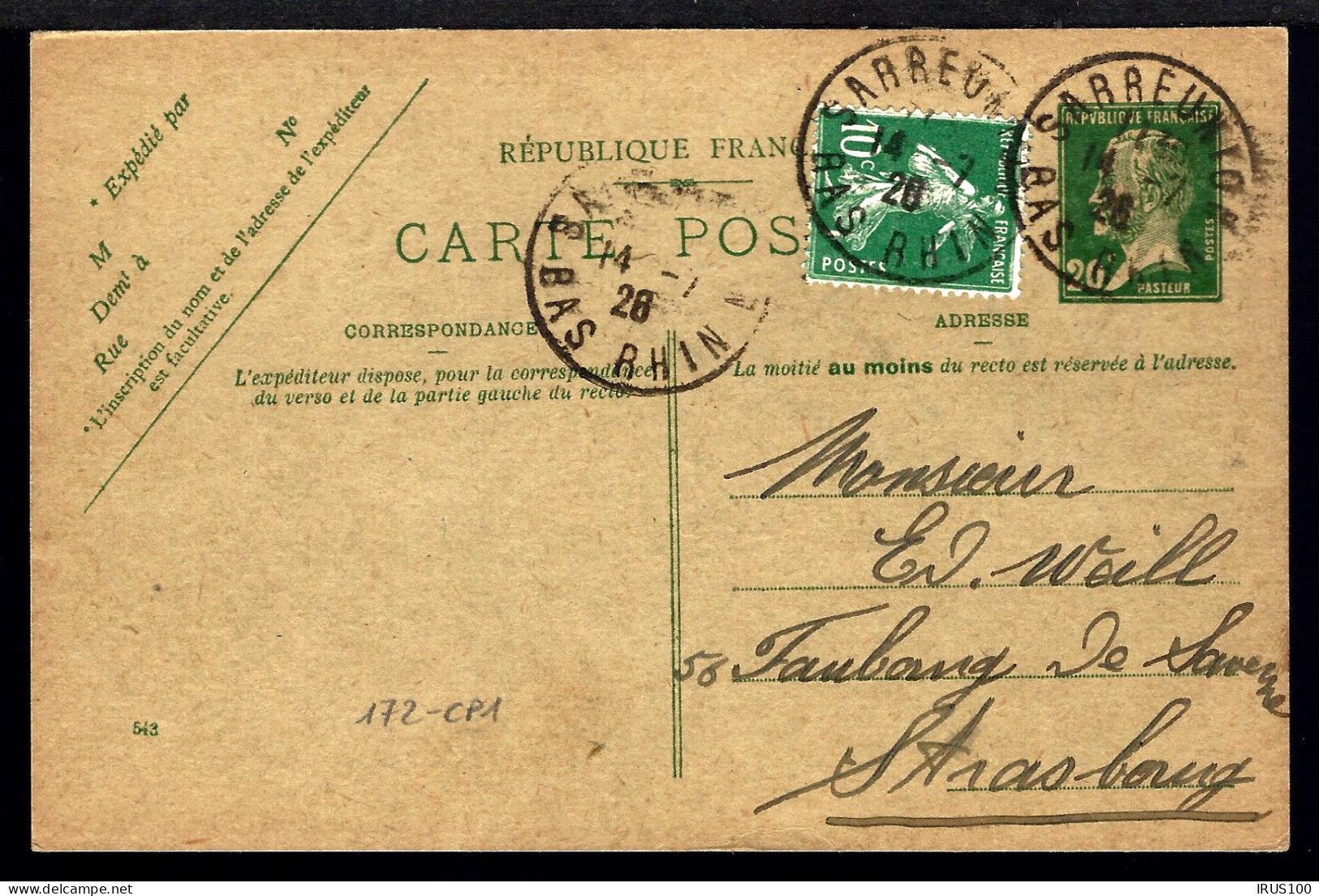 ENTIER POSTAL - 20c PASTEUR - SARRE UNION 1926 - - Standaardomslagen En TSC (Voor 1995)