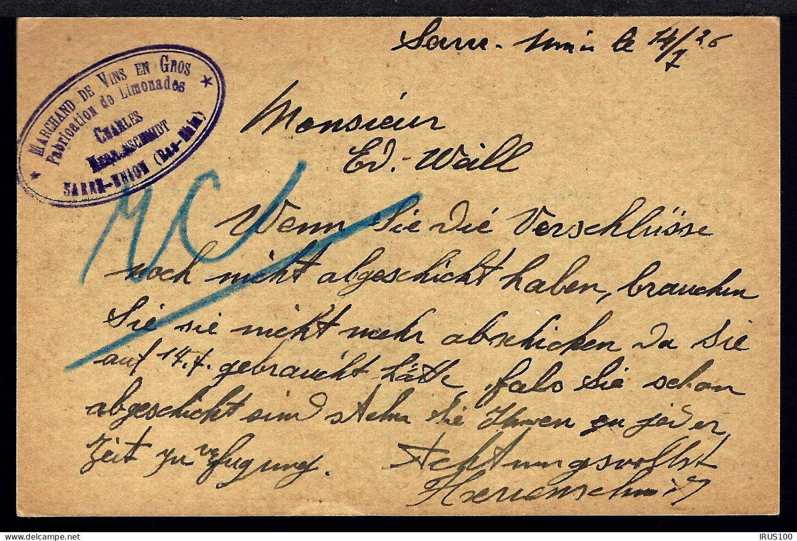 ENTIER POSTAL - 20c PASTEUR - SARRE UNION 1926 - - Buste Postali E Su Commissione Privata TSC (ante 1995)