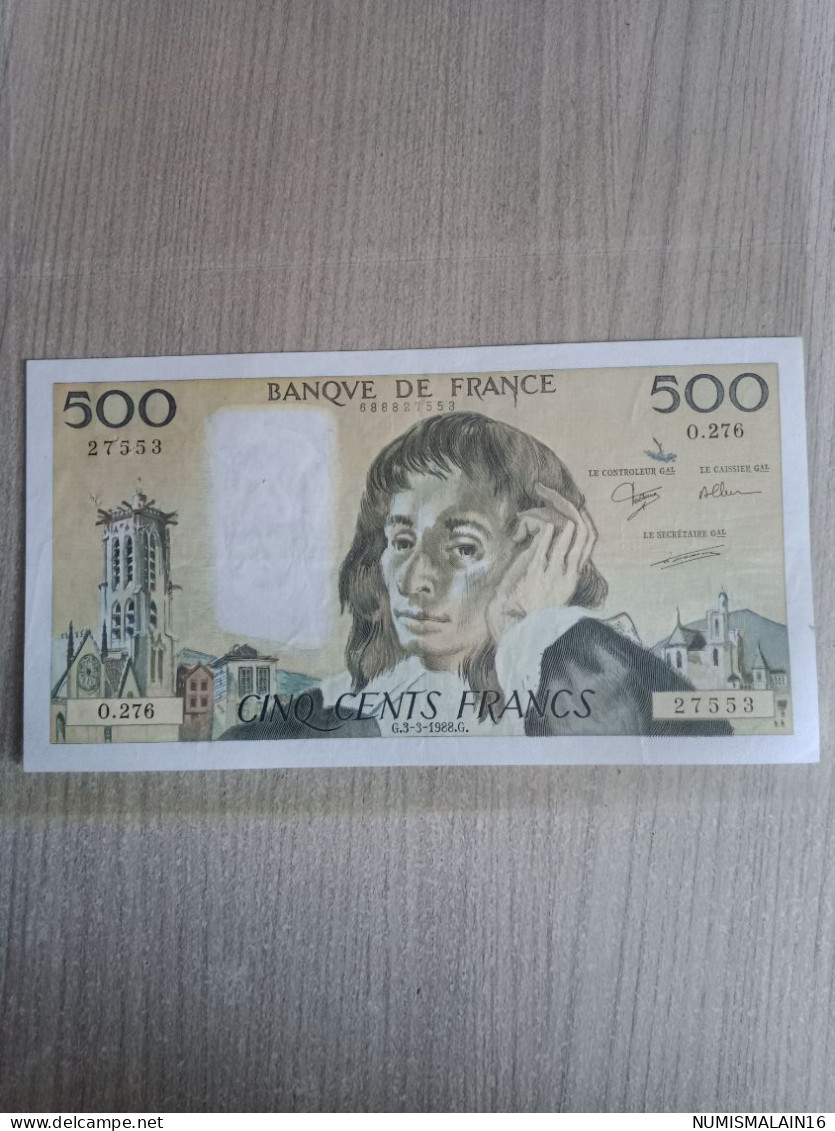 France - Billet De 500 Francs - Pascal - 3-3-1988- O 276/27553 - 500 F 1968-1993 ''Pascal''