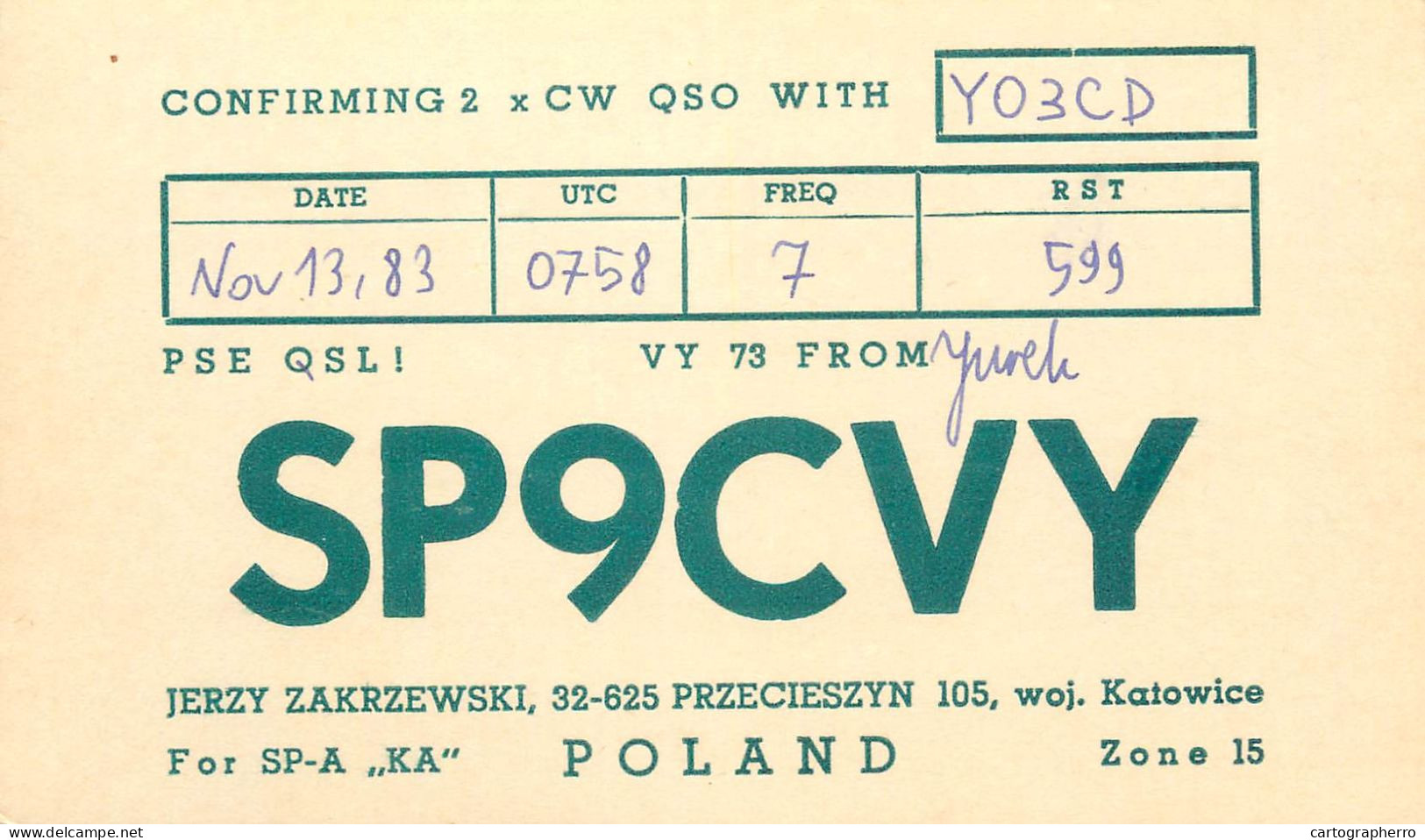 Polish Amateur Radio Station QSL Card Poland Y03CD SP9CVY - Radio Amateur