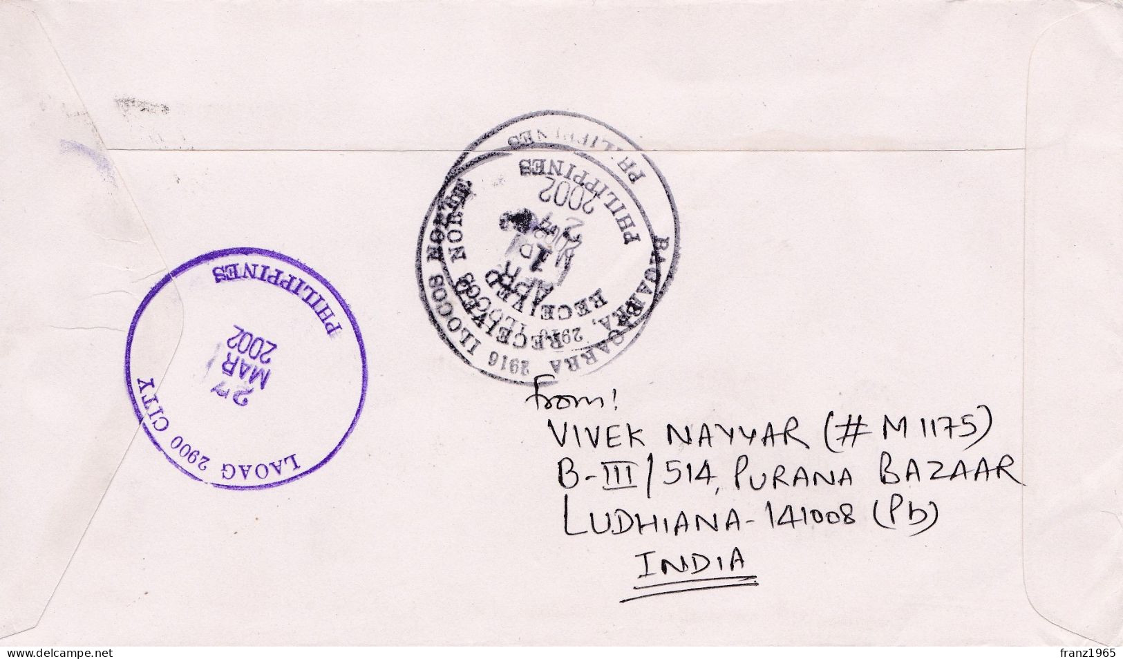 From India To Philippines - 2002 - Lettres & Documents