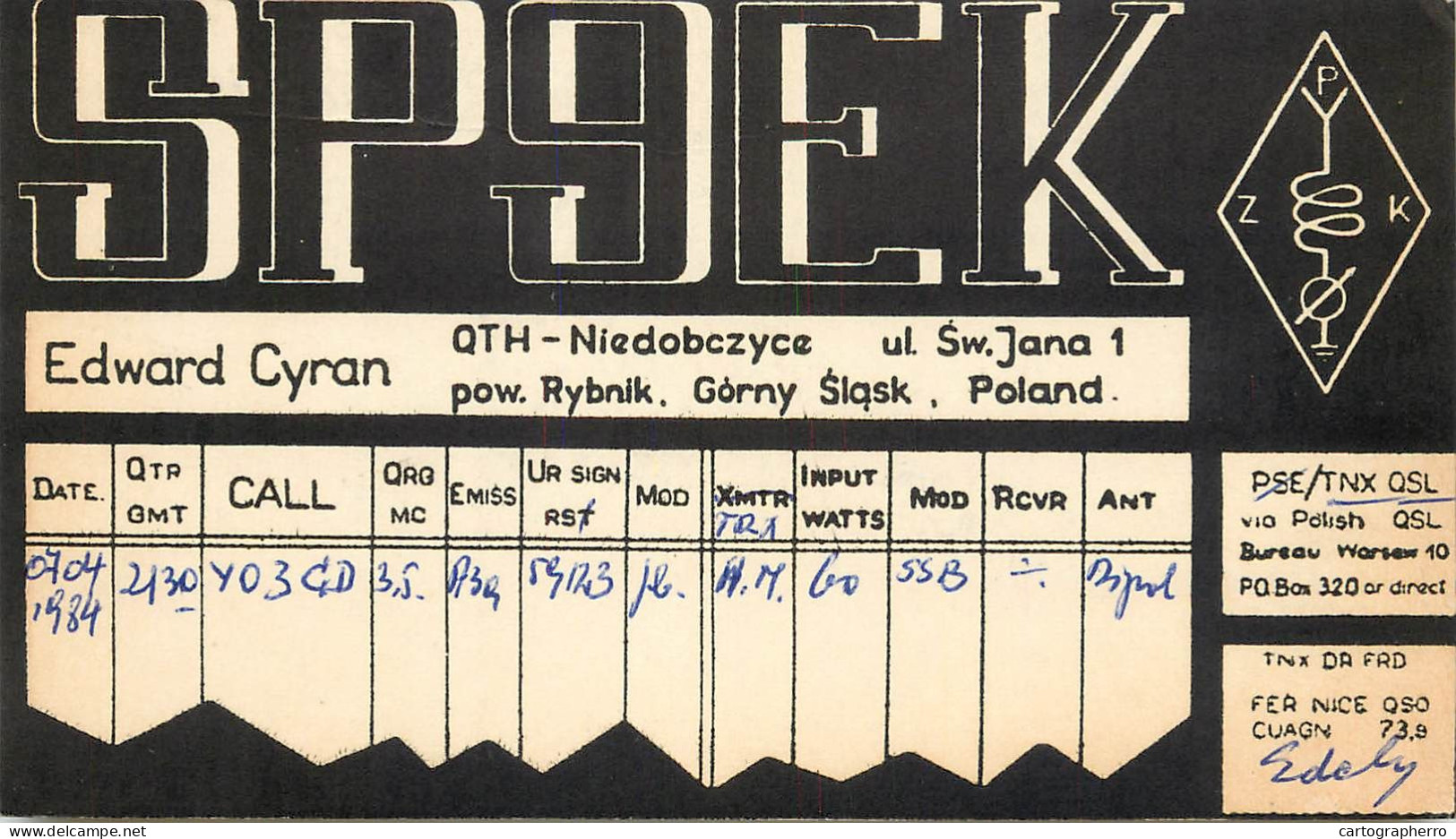 Polish Amateur Radio Station QSL Card Poland Y03CD SP9EK - Radio Amatoriale