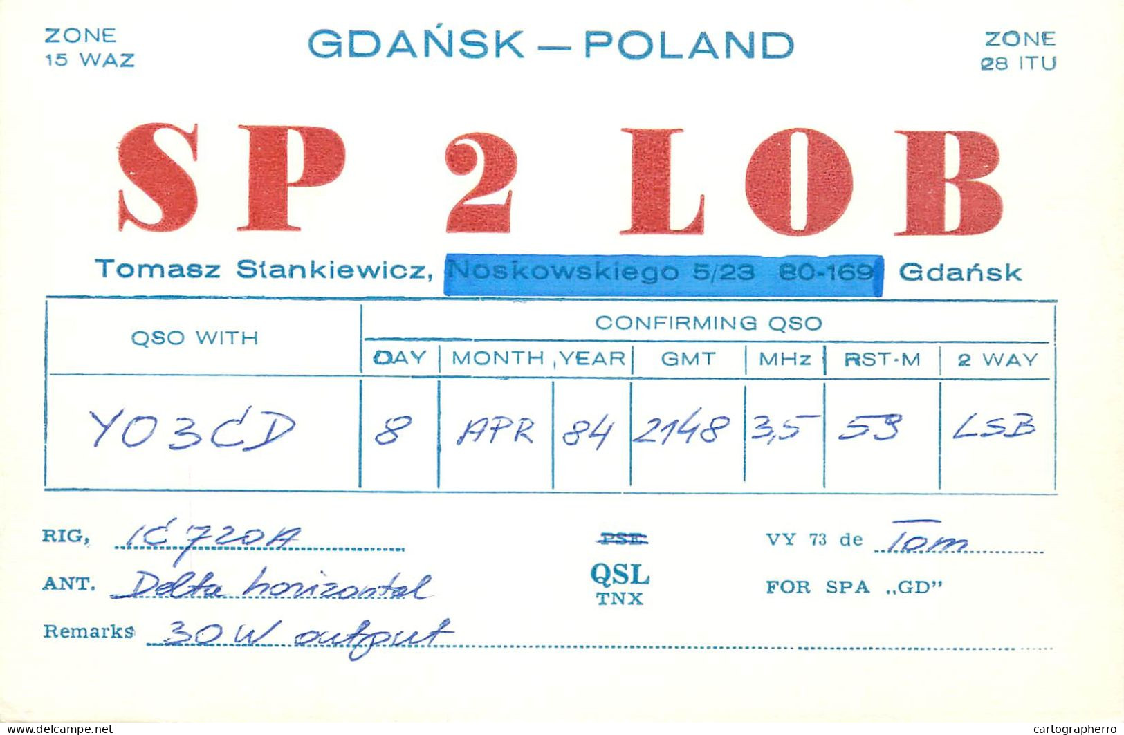 Polish Amateur Radio Station QSL Card Poland Y03CD SP2LOB - Radio Amateur