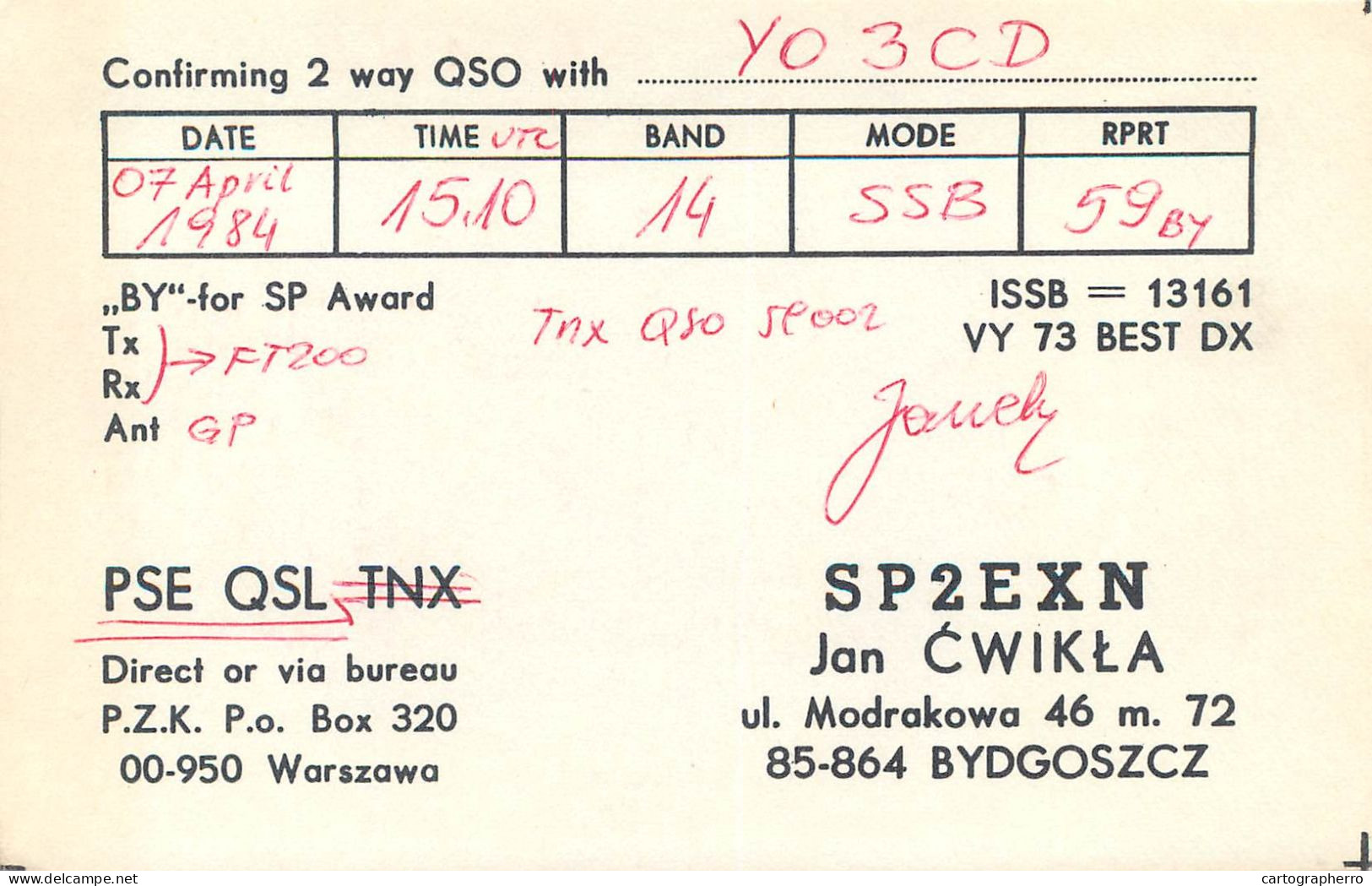 Polish Amateur Radio Station QSL Card Poland Y03CD SP2EXN - Radio Amateur