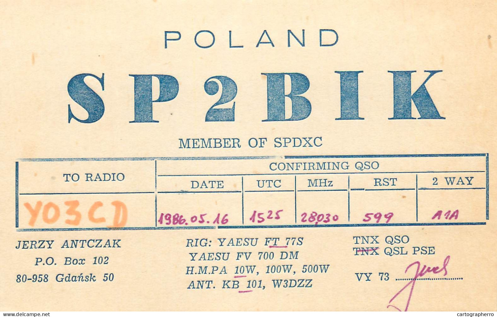 Polish Amateur Radio Station QSL Card Poland Y03CD SP2BIK - Radio Amateur