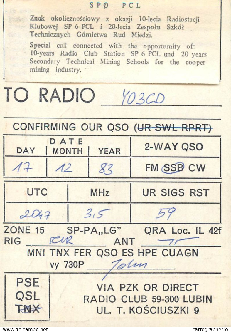 Polish Amateur Radio Station QSL Card Poland Y03CD SP0PCL - Radio Amateur