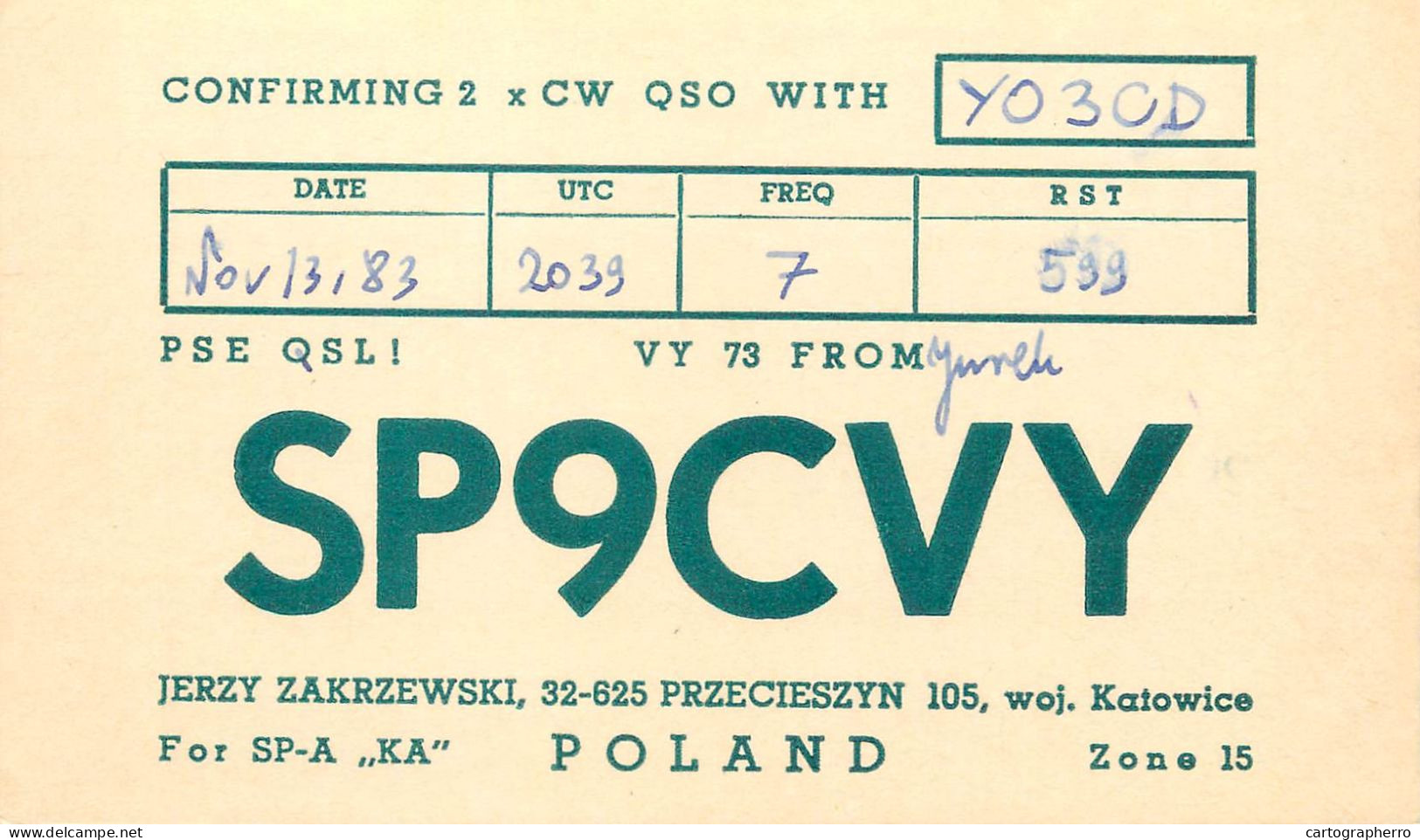 Polish Amateur Radio Station QSL Card Poland Y03CD SP9CVY - Radio Amateur