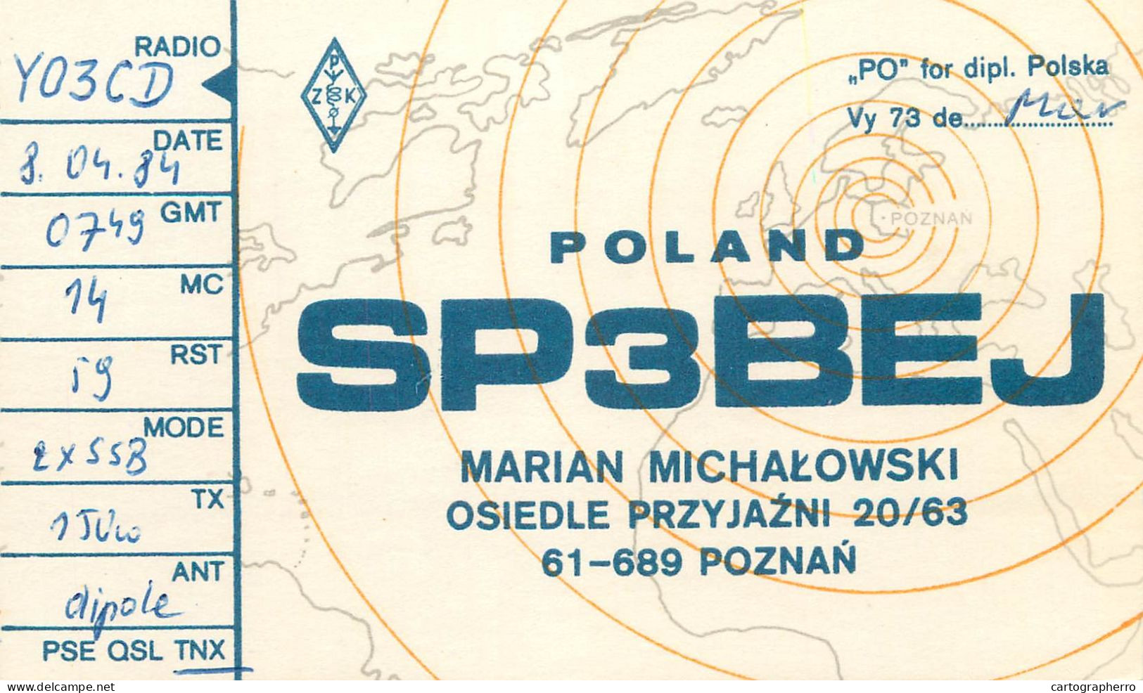 Polish Amateur Radio Station QSL Card Poland Y03CD SP3BEJ - Radio Amateur