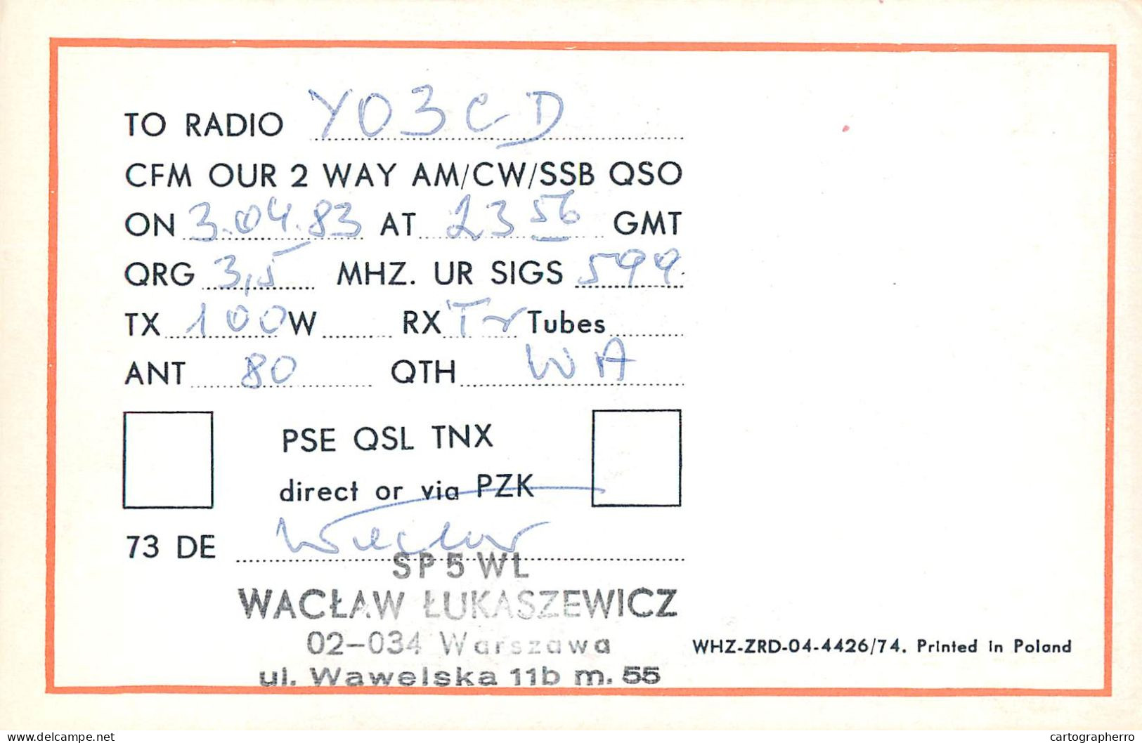 Polish Amateur Radio Station QSL Card Poland Y03CD SP5WL - Radio Amateur