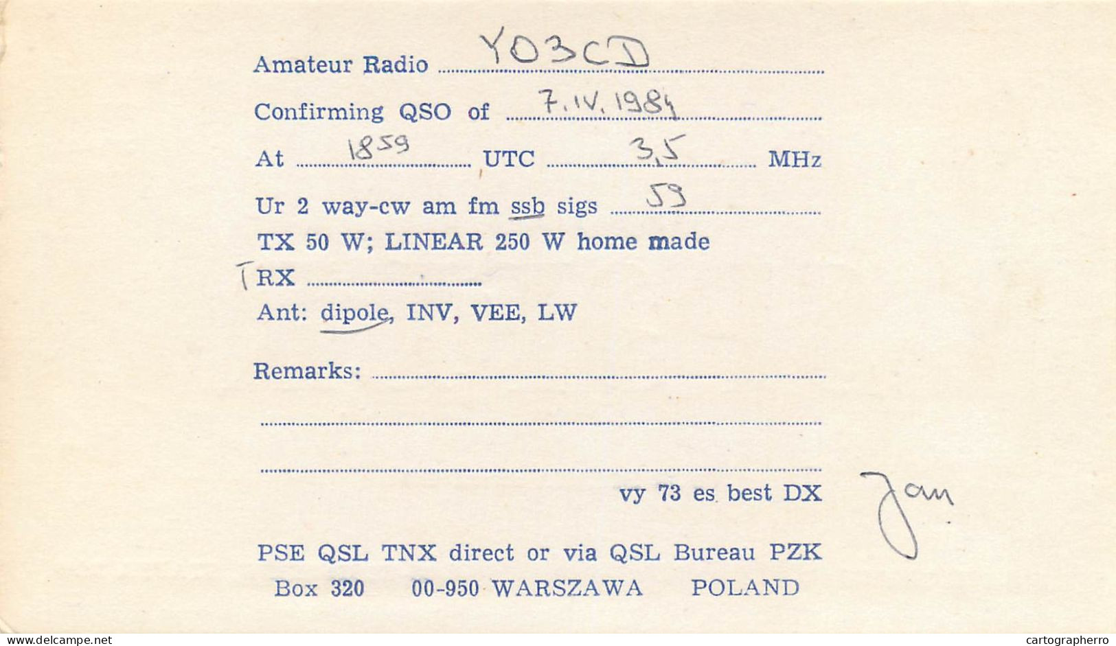 Polish Amateur Radio Station QSL Card Poland Y03CD SP3FLR - Radio Amateur