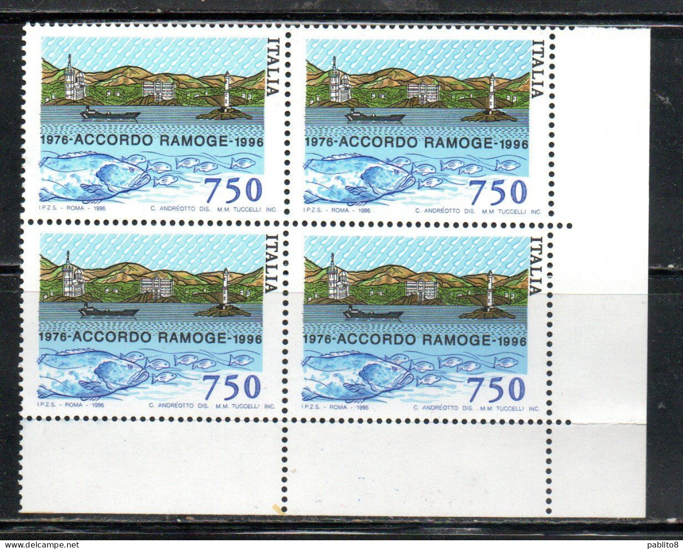 ITALIA REPUBBLICA ITALY REPUBLIC 1996 RAMOGE ACCORDO RA.MO.GE QUARTINA ANGOLO DI FOGLIO BLOCK MNH - 1991-00:  Nuovi