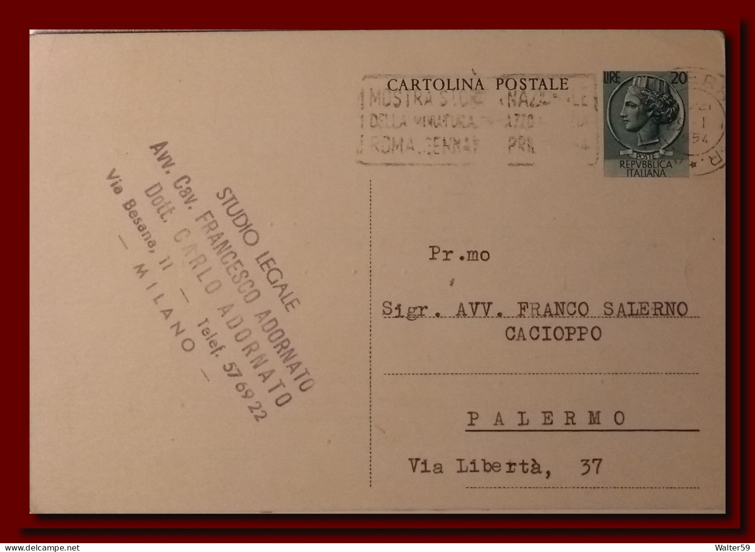 1954 Italy Italie Italia Intero Sir £20 Testo Corto Vg X Palermo Targhetta Entier Ps Card 2scans - Entiers Postaux