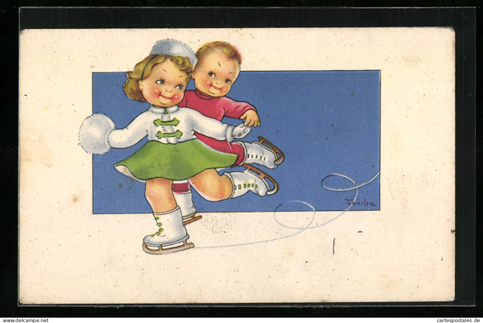 Künstler-AK Kinder Beim Schlittschuhlaufen  - Eiskunstlauf