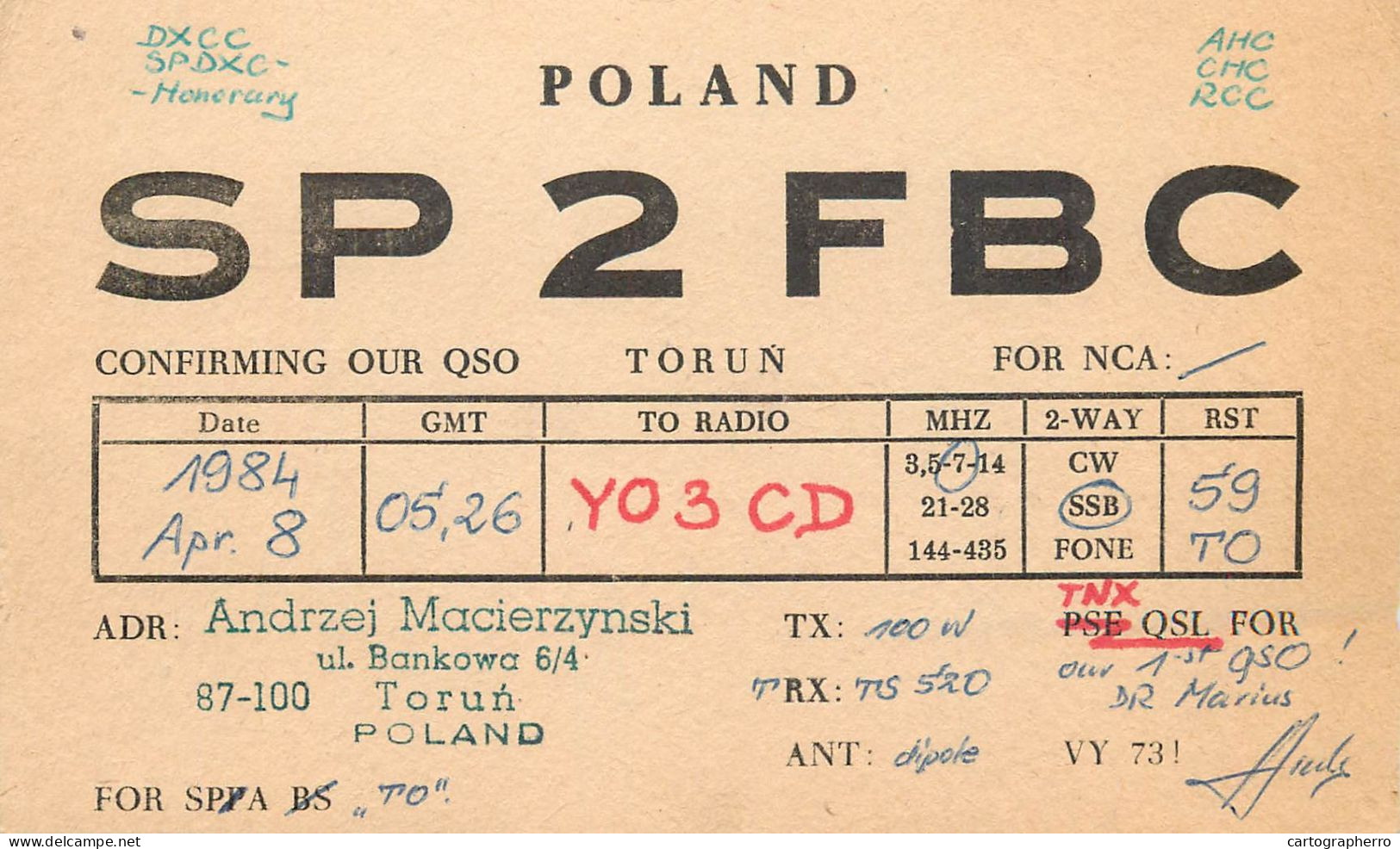 Polish Amateur Radio Station QSL Card Poland Y03CD SP2FBC - Radio Amateur