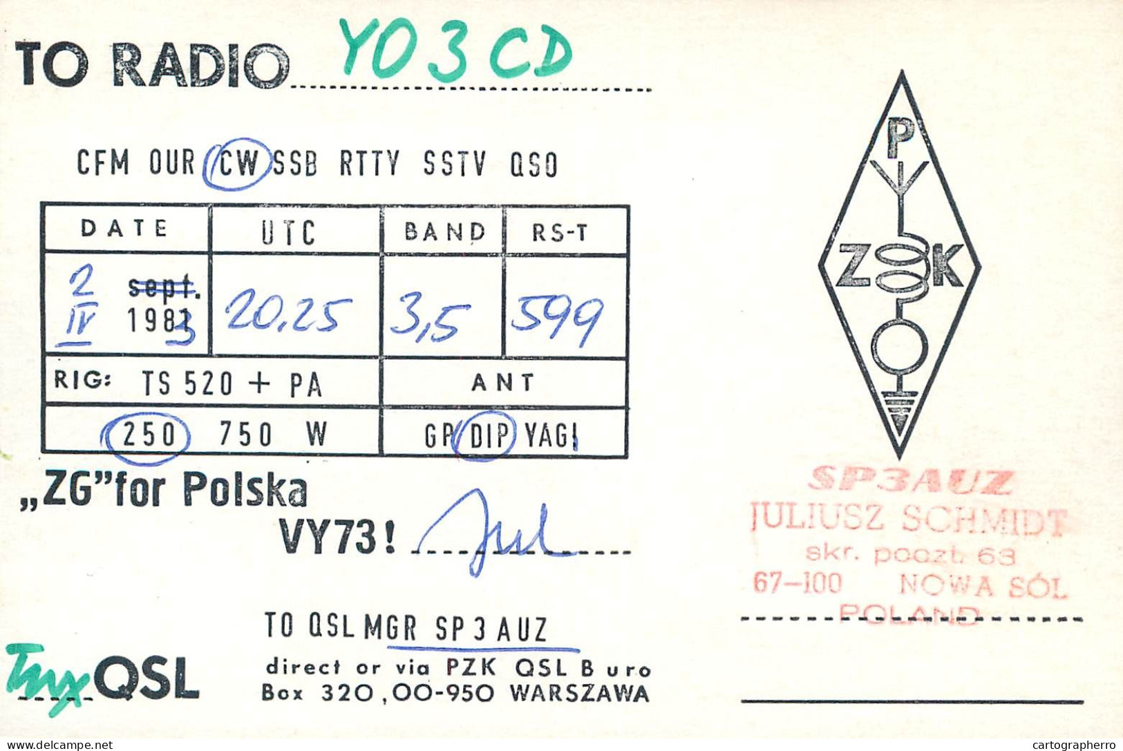 Polish Amateur Radio Station QSL Card Poland Y03CD SN0WPC - Amateurfunk