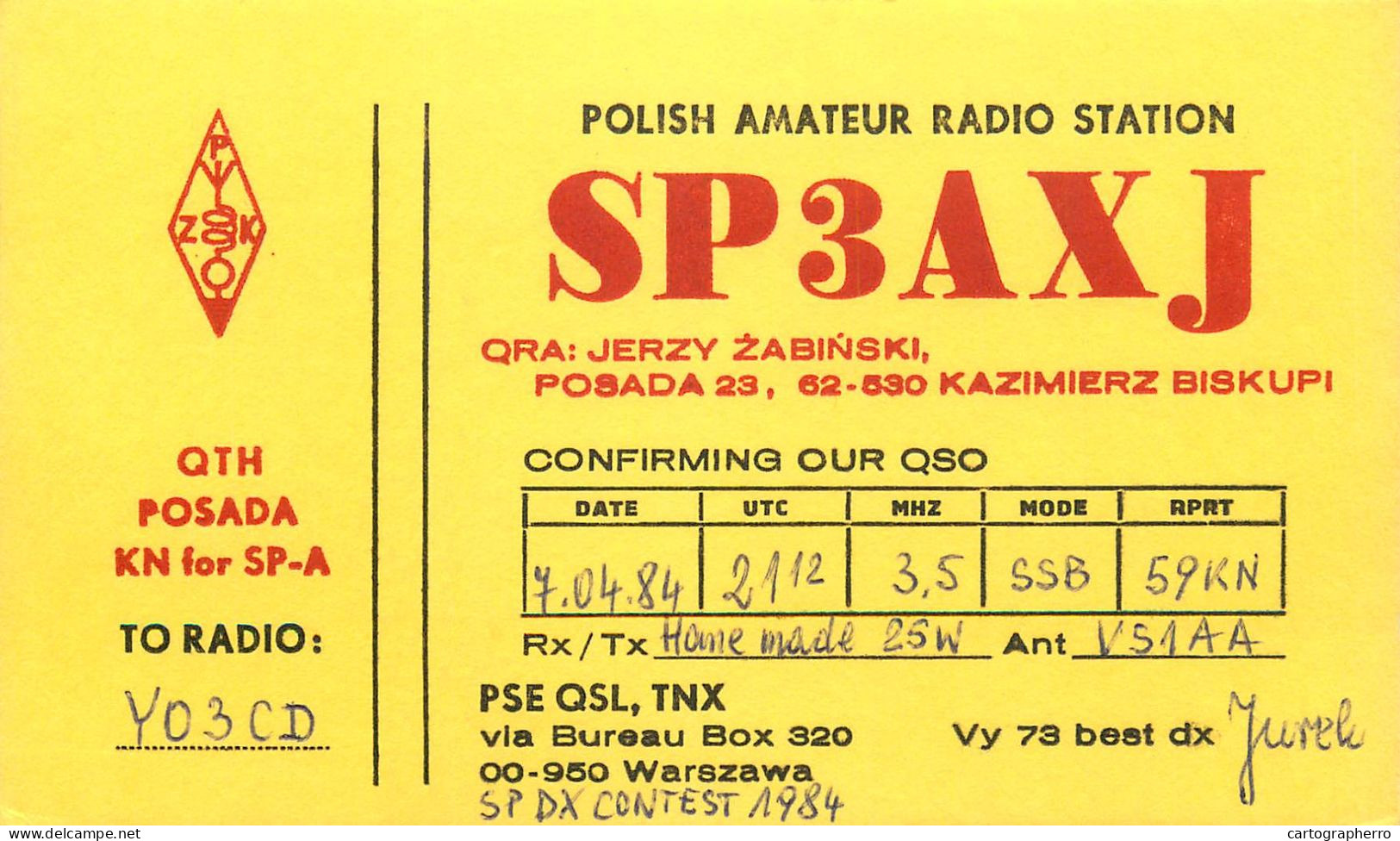 Polish Amateur Radio Station QSL Card Poland Y03CD SP3AXJ - Amateurfunk