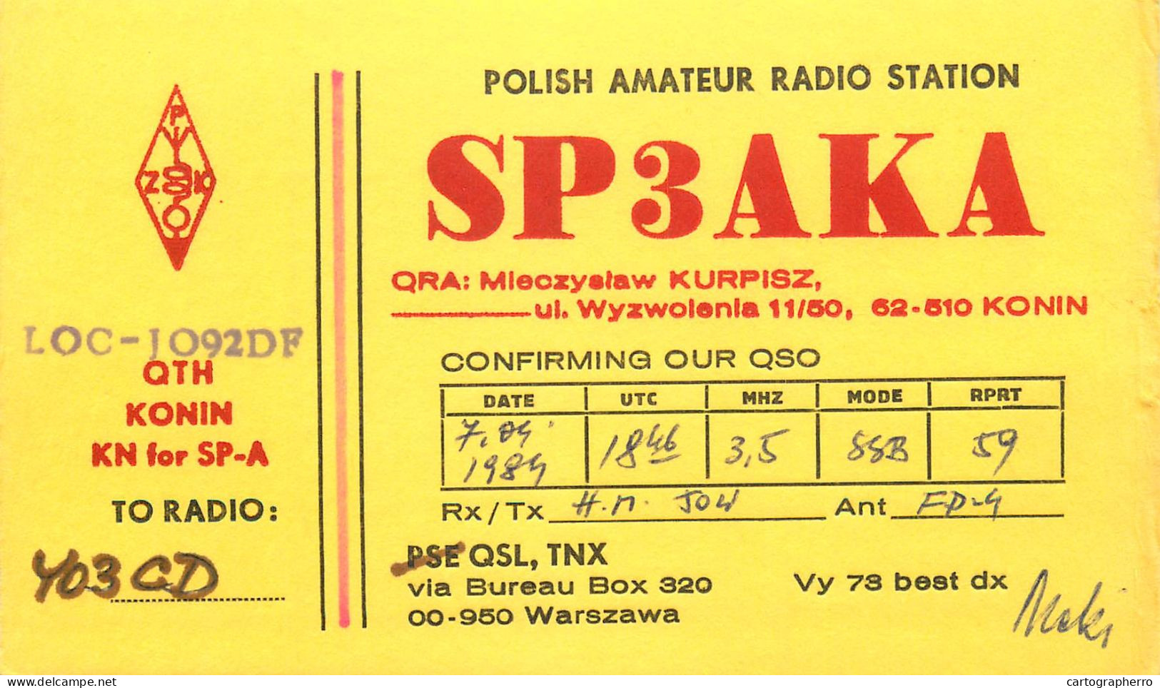 Polish Amateur Radio Station QSL Card Poland Y03CD SP3AKA - Amateurfunk