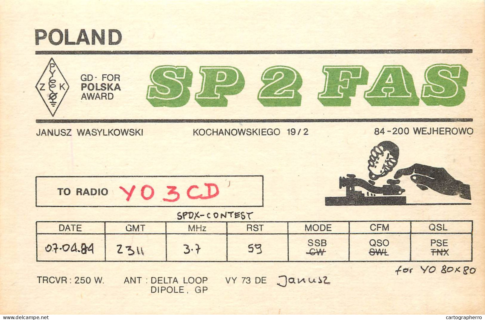 Polish Amateur Radio Station QSL Card Poland Y03CD SP2FAS - Radio Amateur