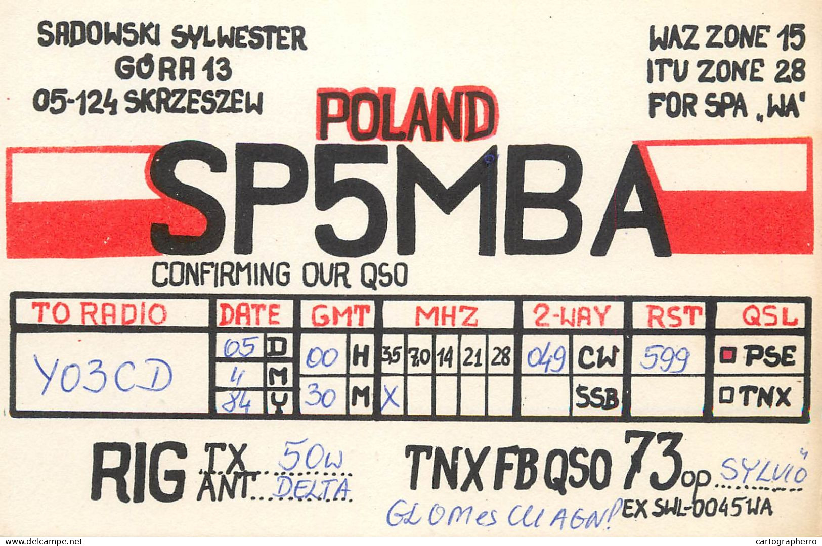 Polish Amateur Radio Station QSL Card Poland Y03CD SP5MBA - Radio Amateur