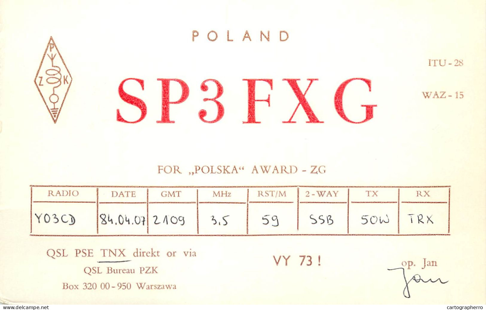 Polish Amateur Radio Station QSL Card Poland Y03CD SP3FXG - Amateurfunk