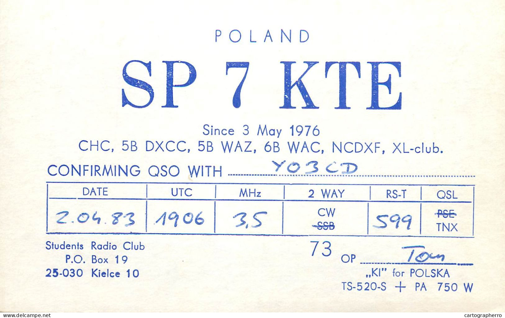 Polish Amateur Radio Station QSL Card Poland Y03CD SP7KTE - Radio Amateur