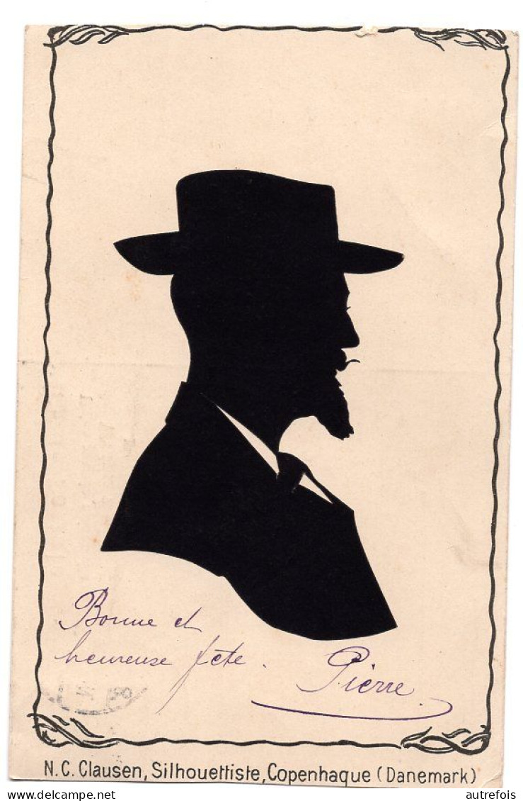 SILHOUETTE OMBRE PORTRAIT HOMME  N.C CLAUSEN COPENHAGUE DANEMARCK - SOUVENIR DE METZ 1907   -  COLLAGE SUR CARTE POSTALE - Silhouettes