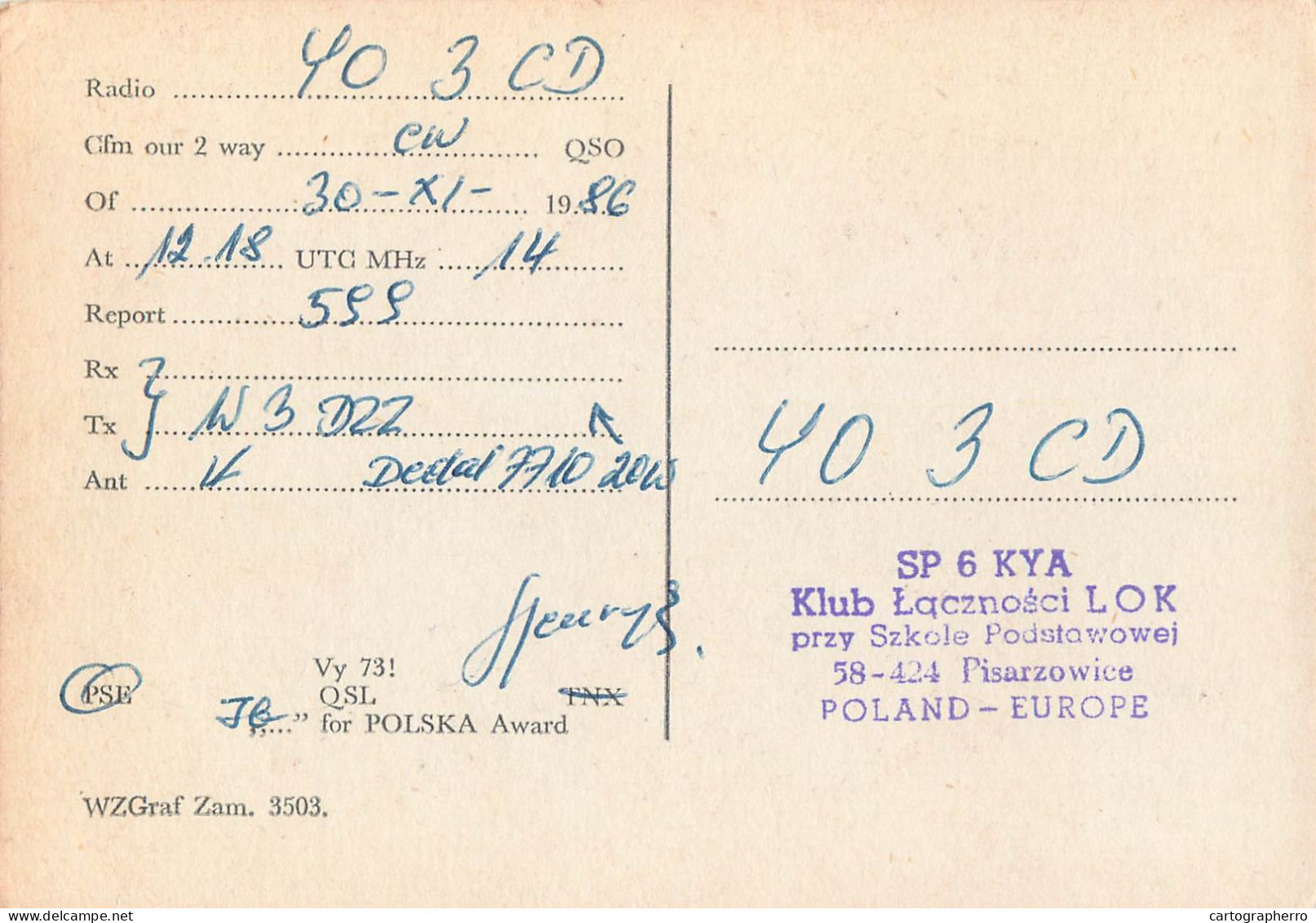 Polish Amateur Radio Station QSL Card Poland Y03CD SP6KYA - Amateurfunk