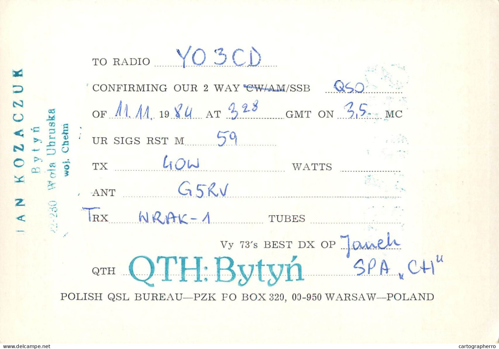 Polish Amateur Radio Station QSL Card Poland Y03CD SP8NCS - Radio Amateur