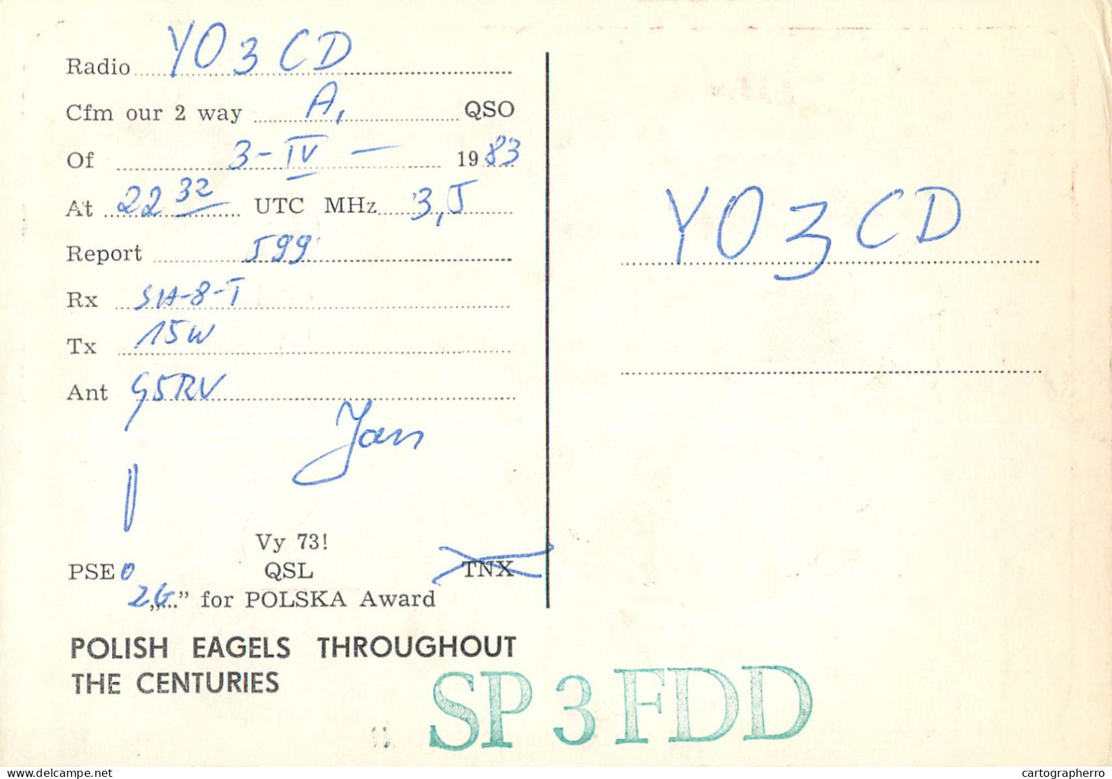 Polish Amateur Radio Station QSL Card Poland Y03CD SP3FDD - Amateurfunk