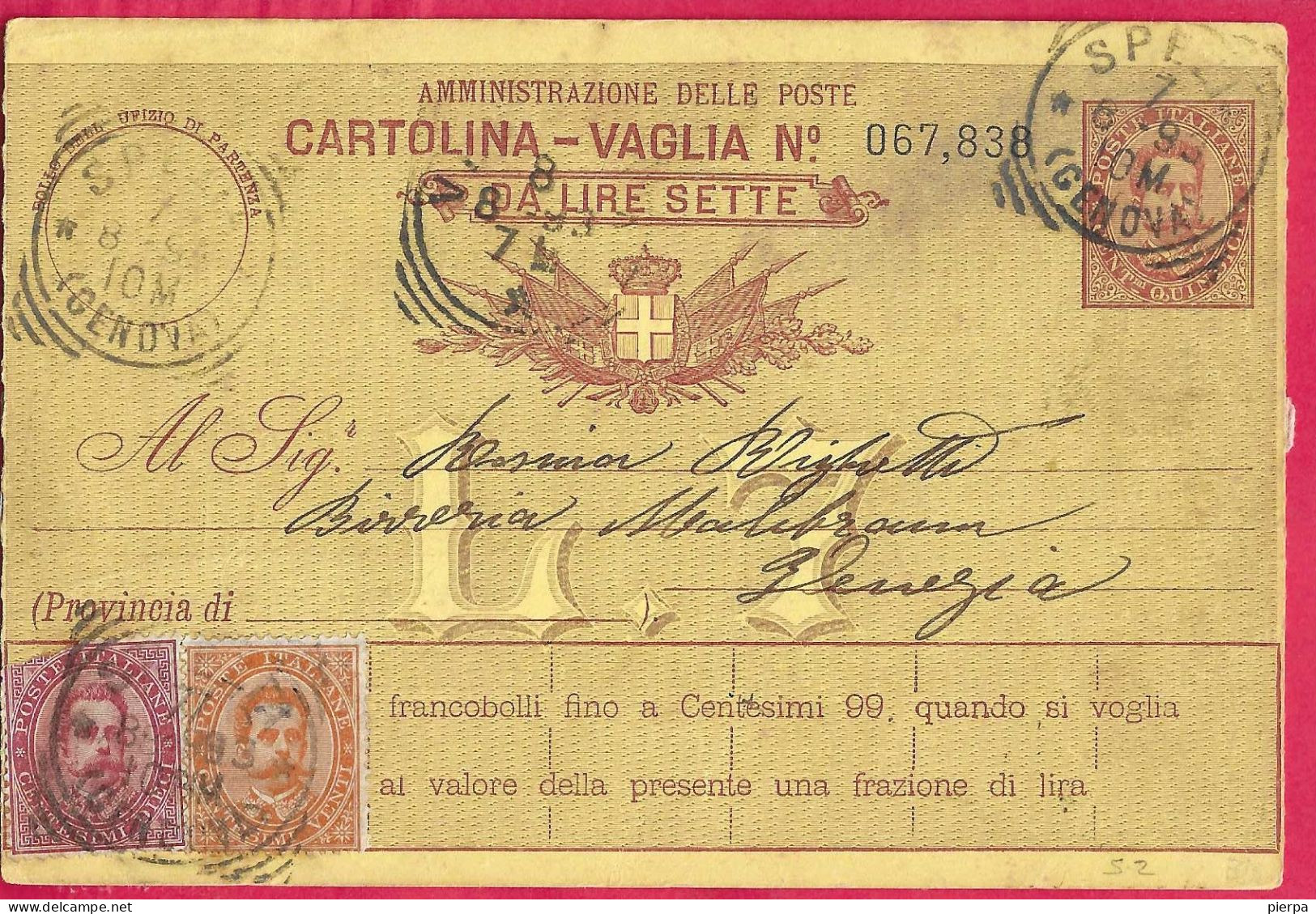 INTERO CARTOLINA-VAGLIA UMBERTO C.15 DA LIRE 7 (CAT. INT. 11) -VIAGGIATA DA SPEZIA*7.6.93*/(GENOVA)" - ANNULLO T. R. - Stamped Stationery