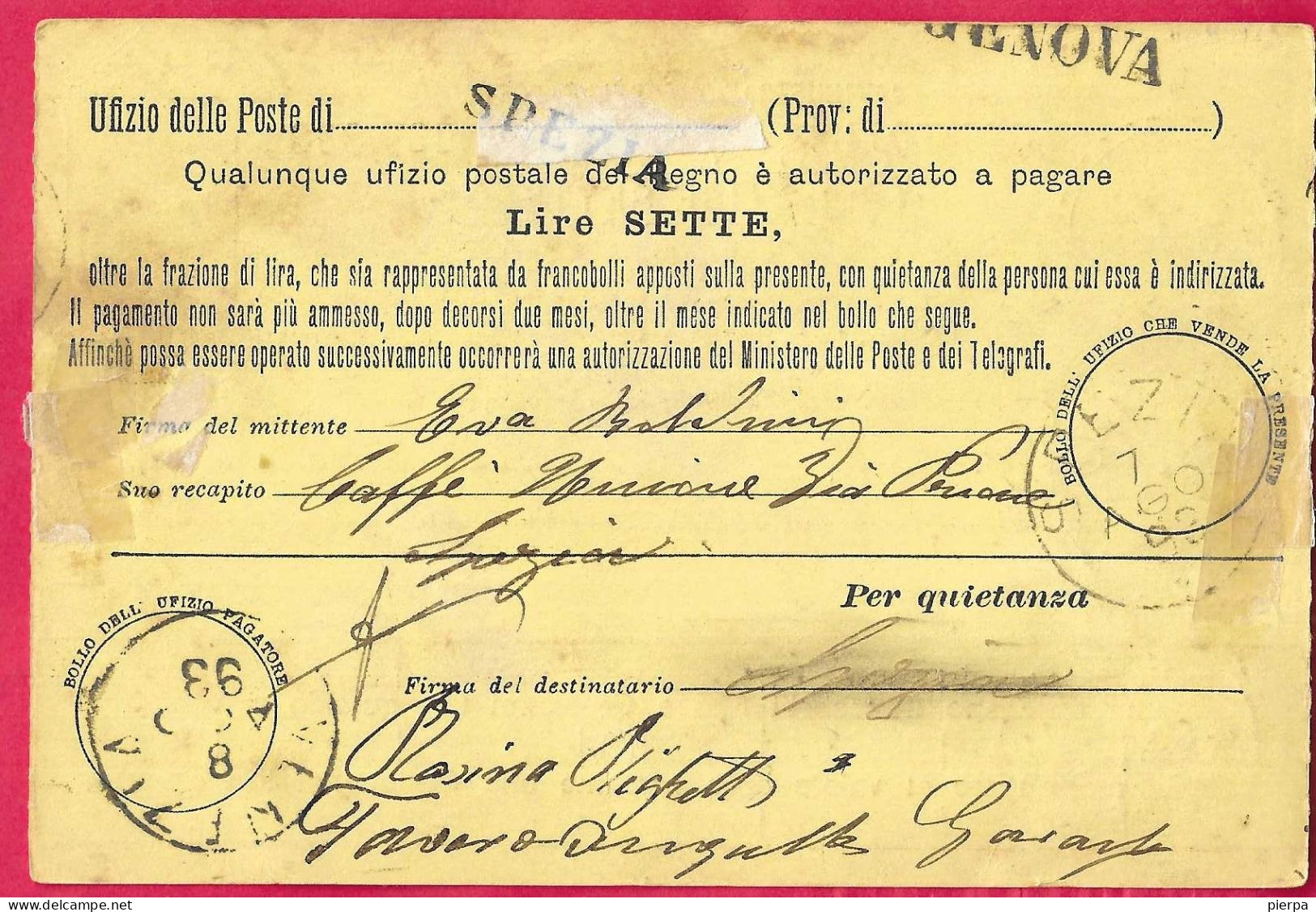 INTERO CARTOLINA-VAGLIA UMBERTO C.15 DA LIRE 7 (CAT. INT. 11) -VIAGGIATA DA SPEZIA*7.6.93*/(GENOVA)" - ANNULLO T. R. - Entiers Postaux