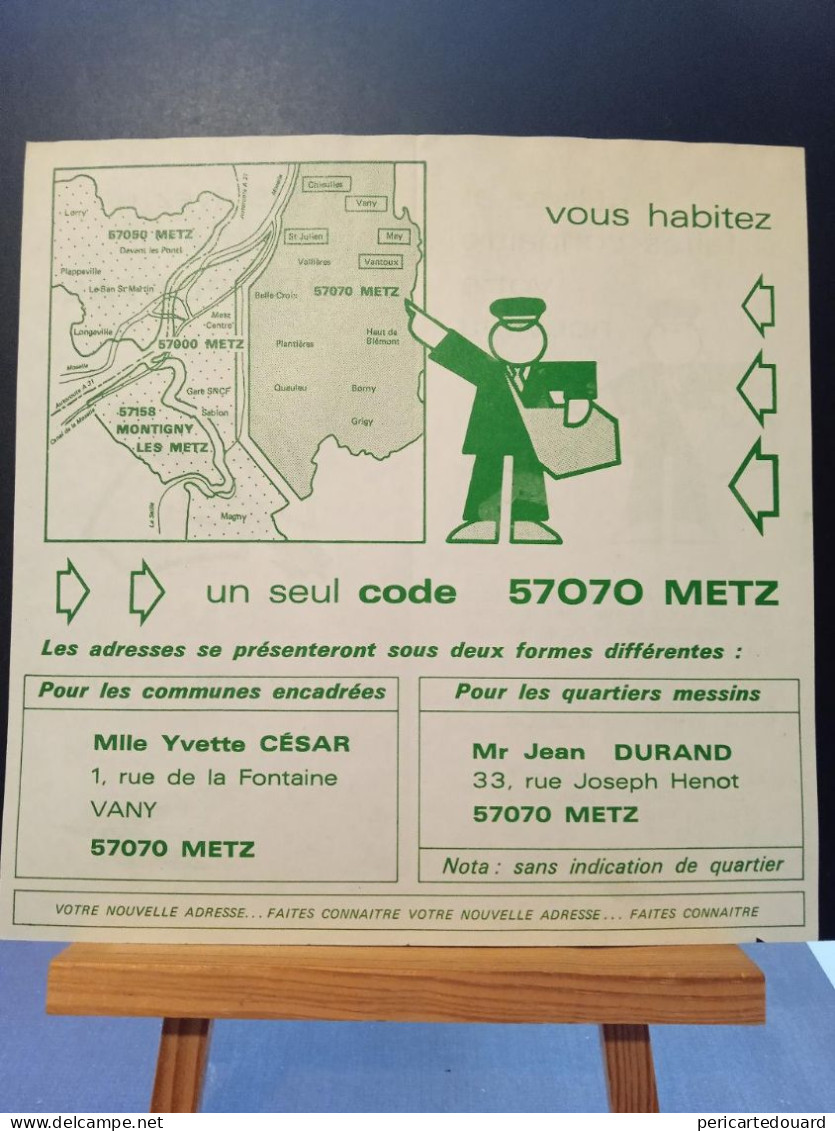Code Postal. Feuilet Explicatif Des Codes Postaux Secteur De METZ Pour Le 57070 - Covers & Documents
