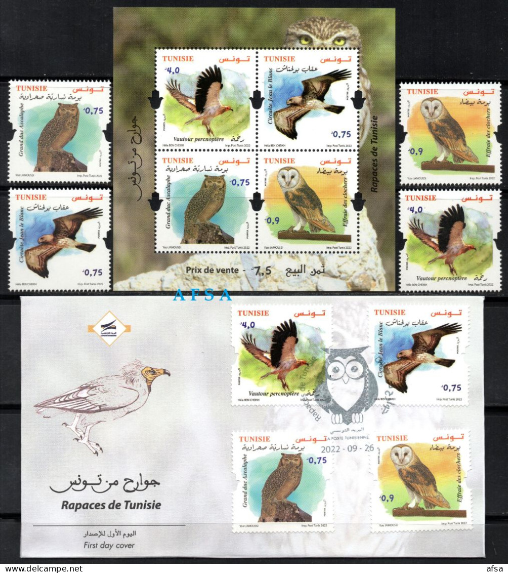 2022-Raptors Of Tunisia (full Set+FDC+block )MNH** // Rapaces De Tunisie (série Complète+Bloc+Env.1er Jour ) Neufs ** - Búhos, Lechuza