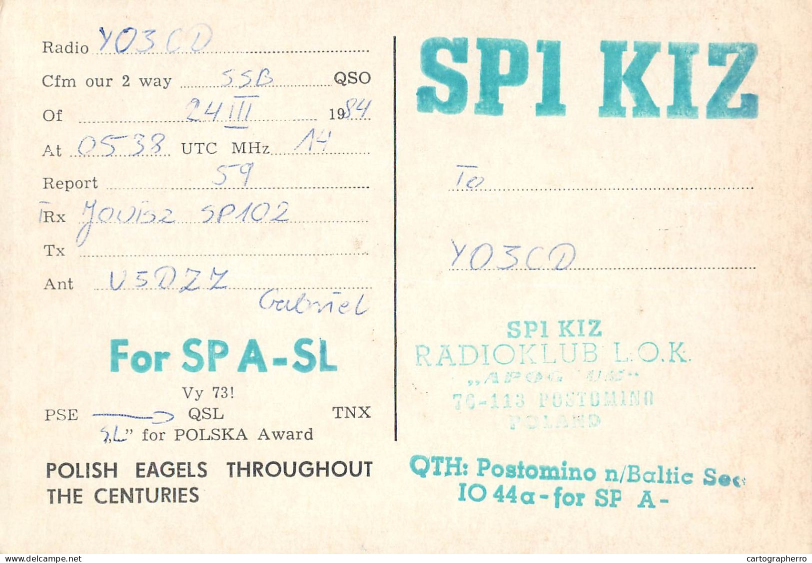 Polish Amateur Radio Station QSL Card Poland Y03CD SP1KIZ - Radio Amateur