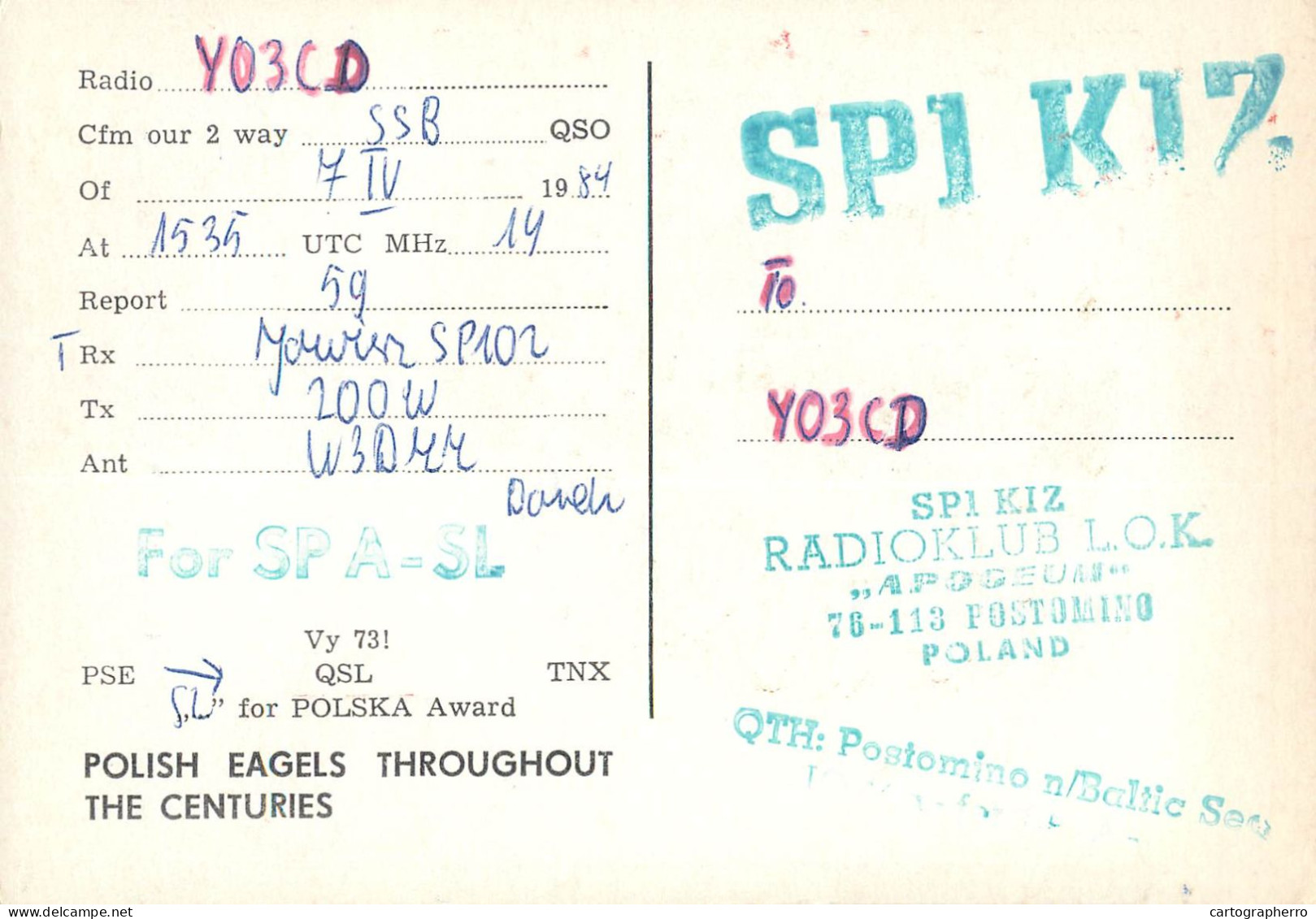 Polish Amateur Radio Station QSL Card Poland Y03CD SP1KIZ - Radio Amateur