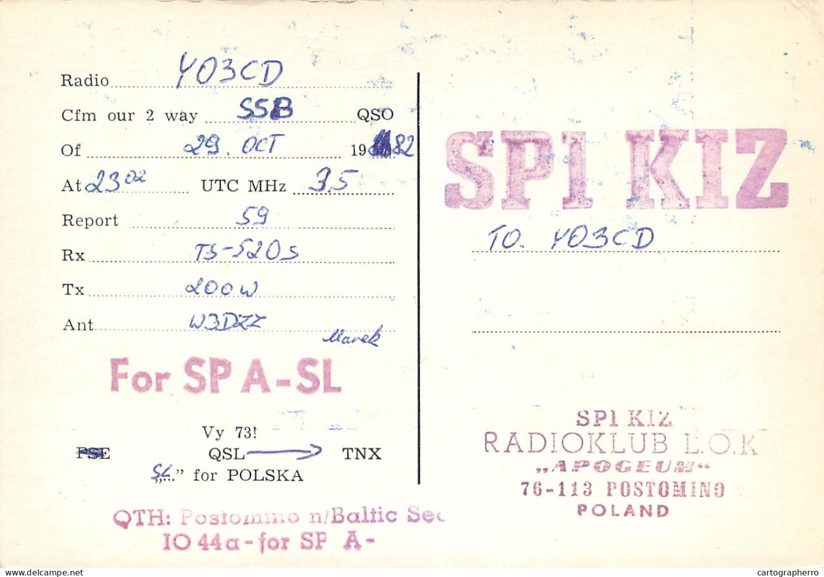 Polish Amateur Radio Station QSL Card Poland Y03CD SP1KIZ - Radio Amateur
