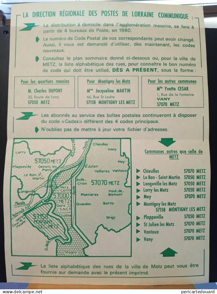 Code Postal. Feuilet A4 Plié, Explicatif Des Codes Postaux Secteur De METZ.A4 Plié - Lettres & Documents