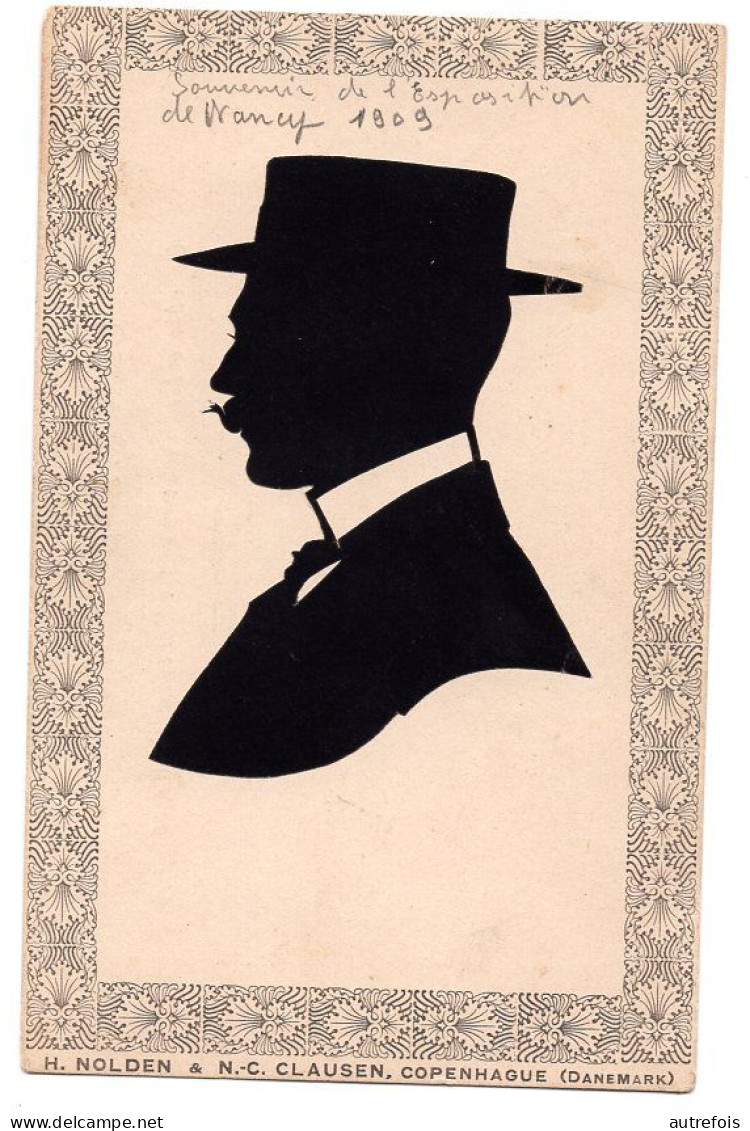 SILHOUETTE OMBRE PORTRAIT HOMME  N.C CLAUSEN COPENHAGUE DANEMARCK - SOUVENIR DE NANCY 1909  -  COLLAGE SUR CARTE POSTALE - Scherenschnitt - Silhouette