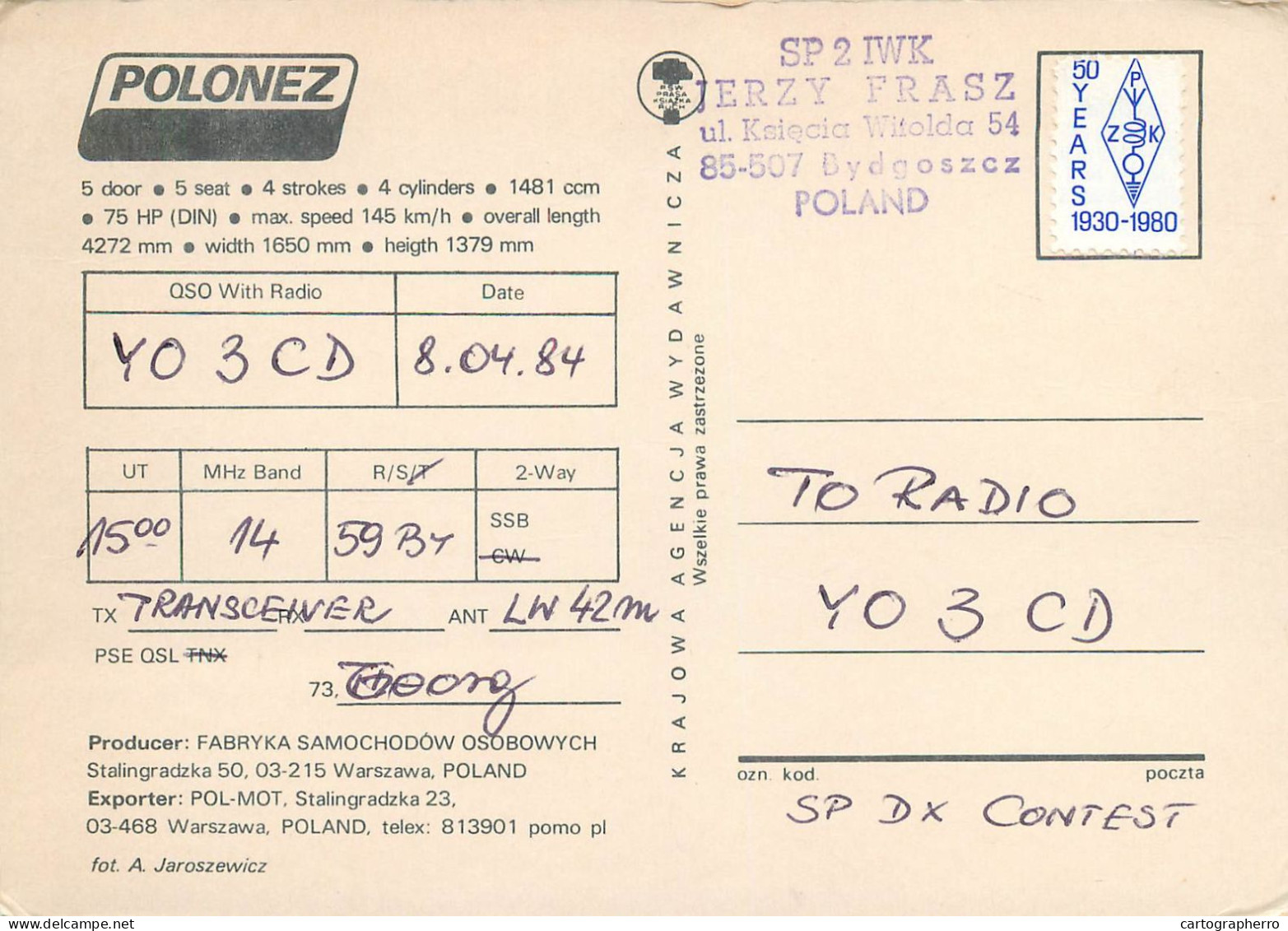 Polish Amateur Radio Station QSL Card Poland Y03CD SP2IWK - Radio Amatoriale