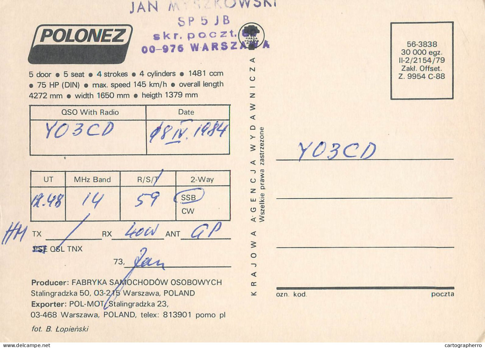 Polish Amateur Radio Station QSL Card Poland Y03CD SP5JB - Radio Amateur