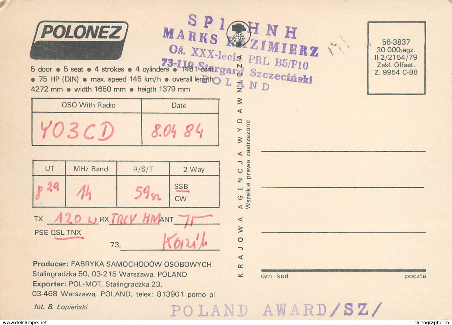 Polish Amateur Radio Station QSL Card Poland Y03CD SP1HNH - Radio Amateur