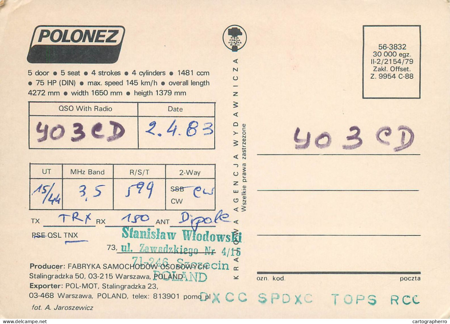 Polish Amateur Radio Station QSL Card Poland Y03CD SP1ADM - Radio Amatoriale