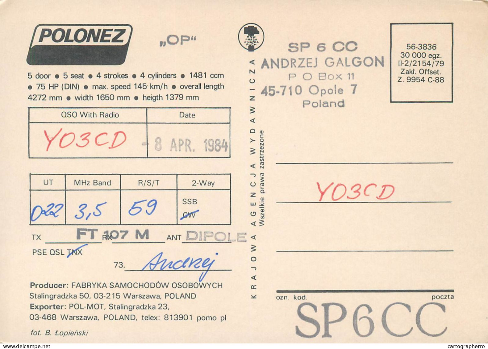 Polish Amateur Radio Station QSL Card Poland Y03CD SP6CC - Radio-amateur