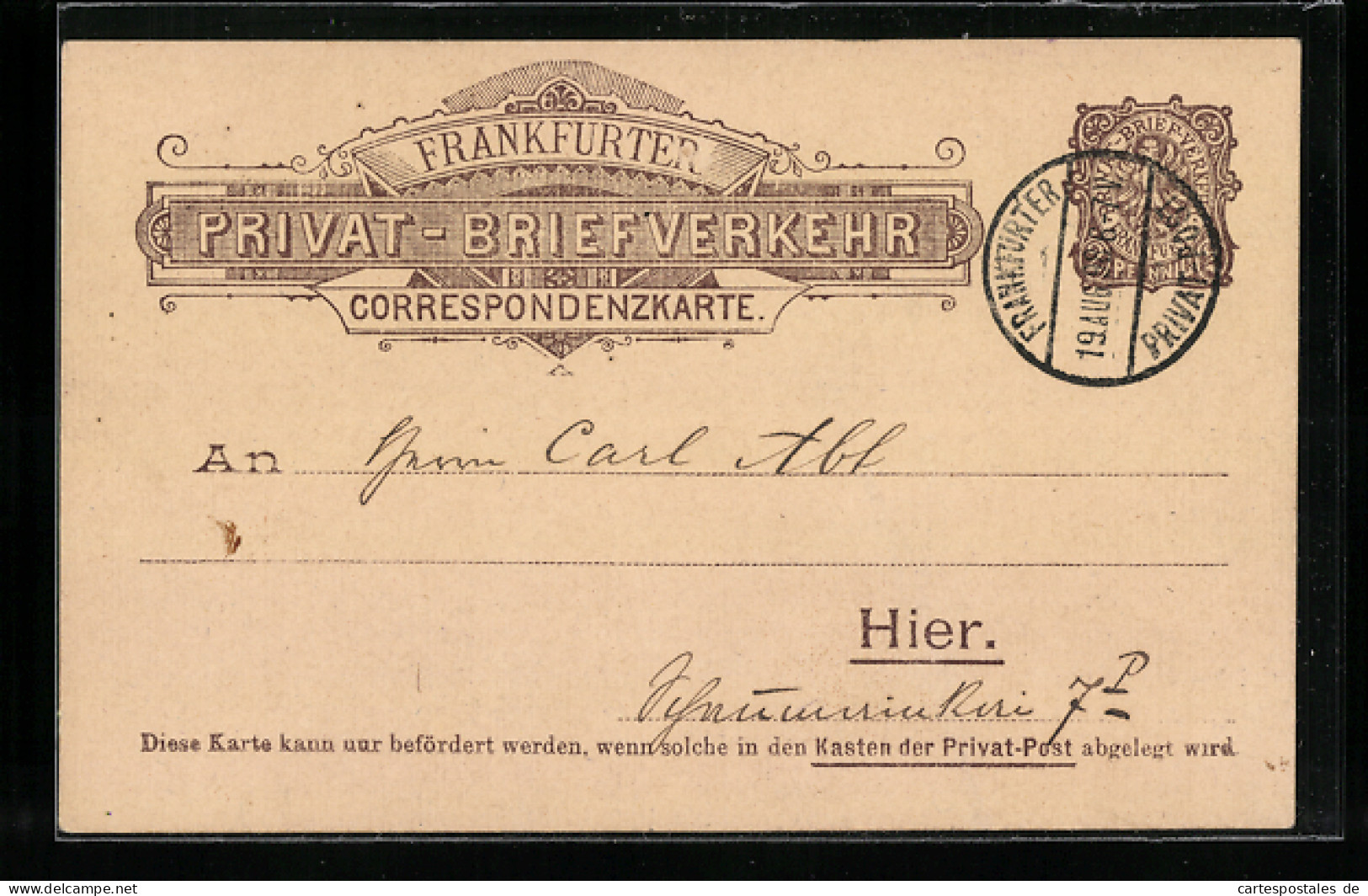AK Frankfurt, Privat-Briefverkehr Correspondenzkarte, Private Stadtpost  - Briefmarken (Abbildungen)